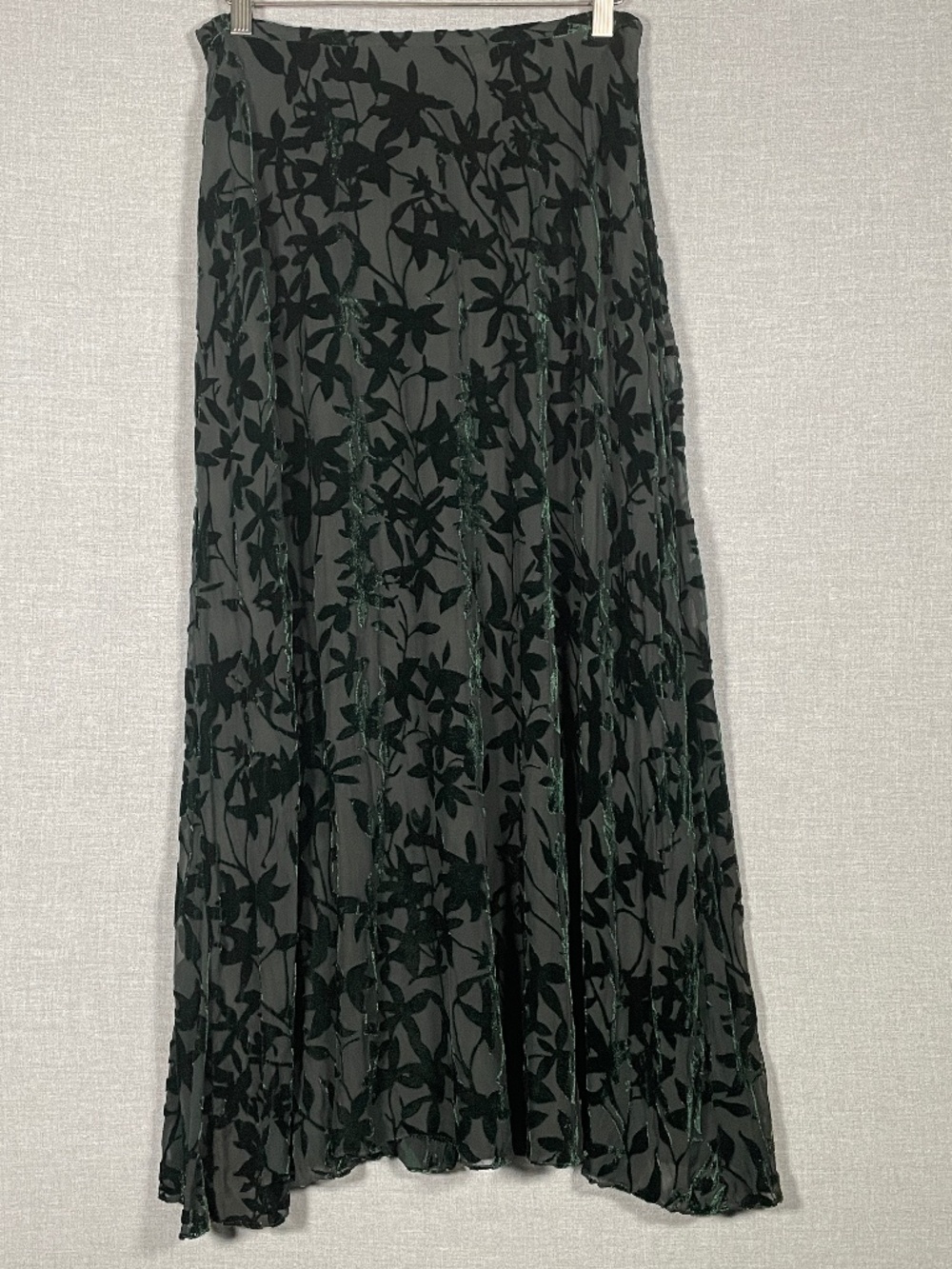 Vintage Katherine Kelly Green Silk Velvet Burnout Leaf Maxi Skirt Size 10